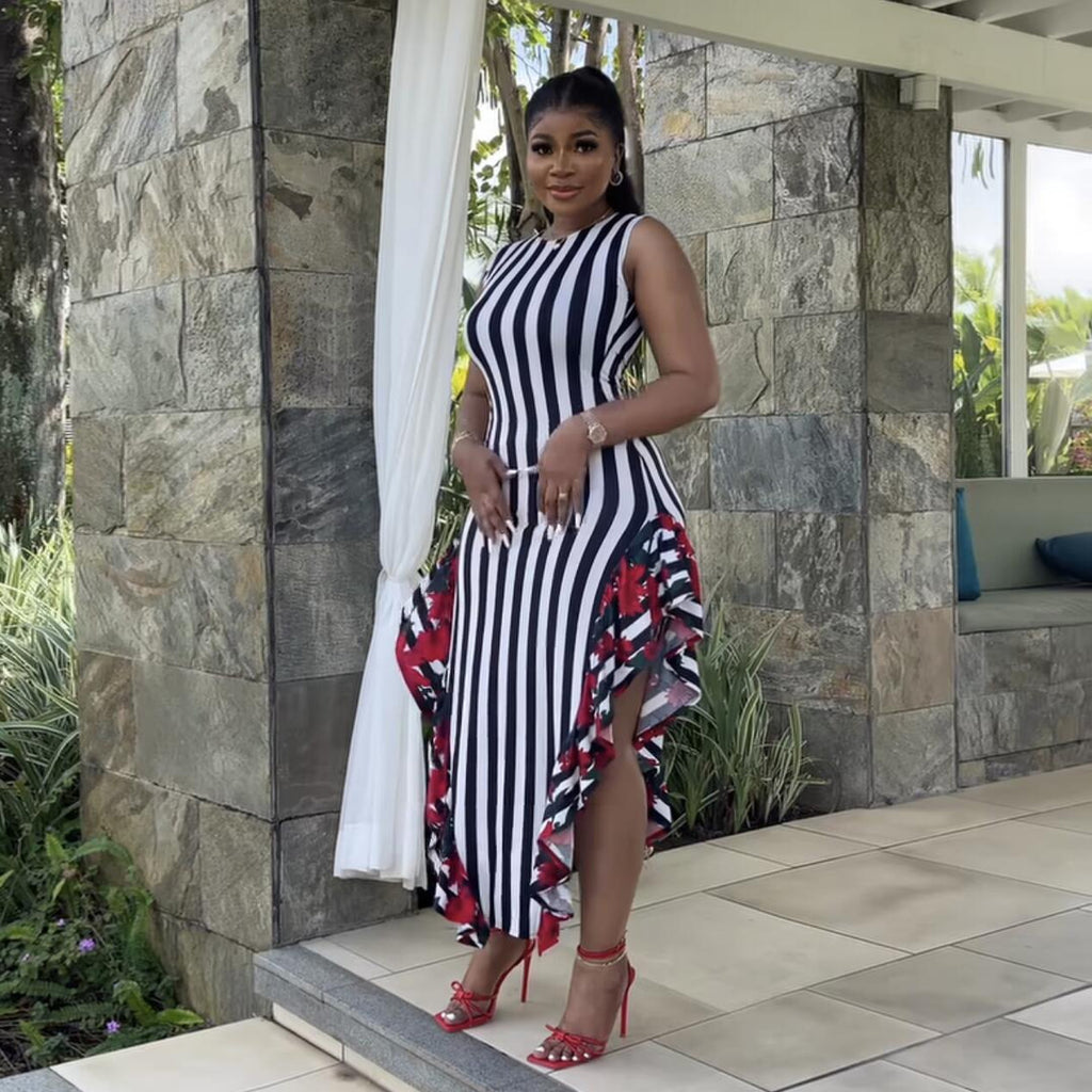 Women's Crew-Neck Floral Stripe Ruffle Sleeveless Maxi Dress