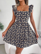 Floral Square Neck Ruffled Vacation Mini Dress
