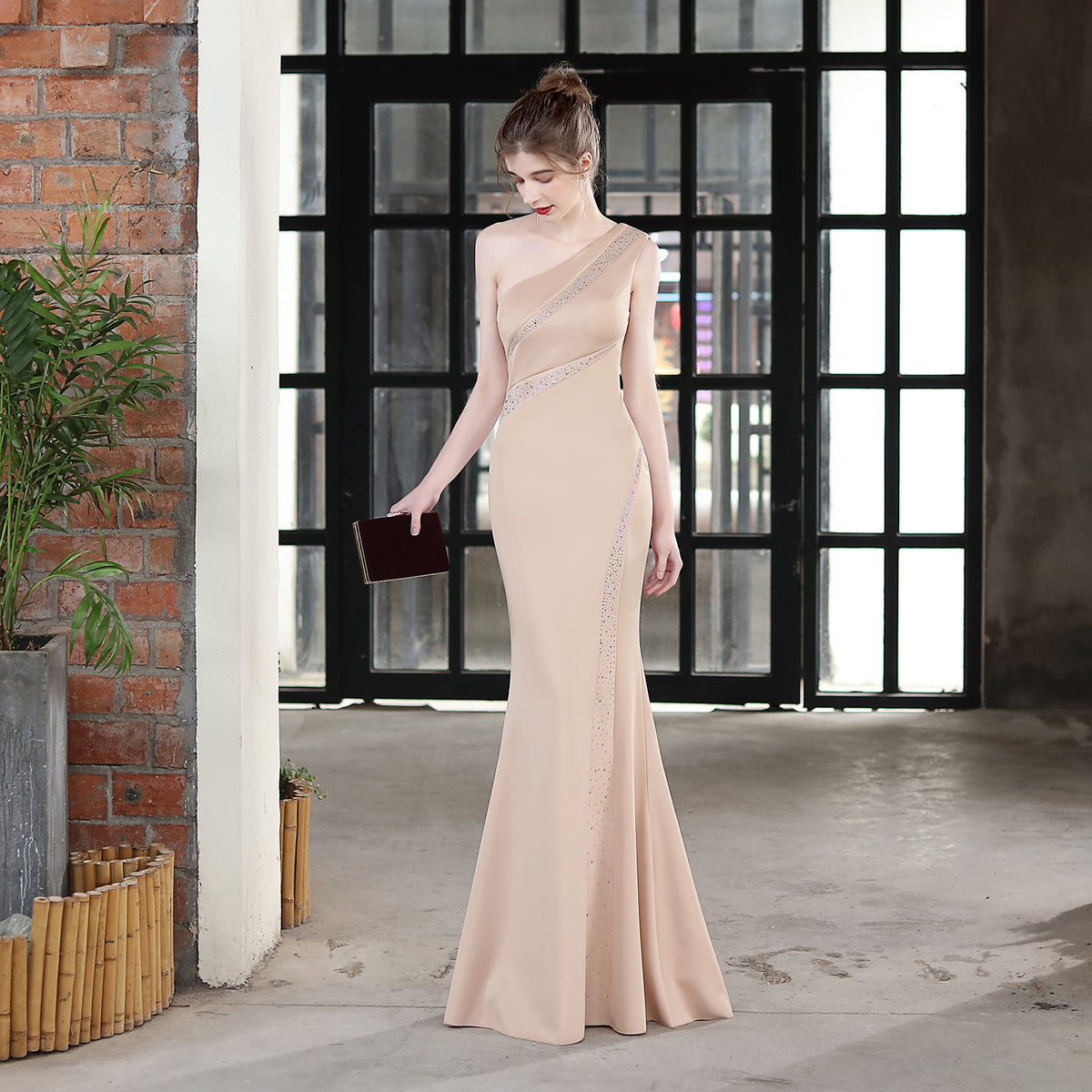 Women's Bride Long One-Shoulder Dinner Slim Fit Fishtail Wedding Gala Dress