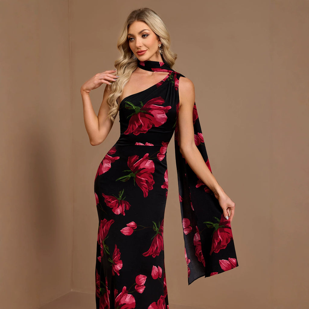 Spring Summer Slant Shoulder Ribbon Floral Dress A Hem