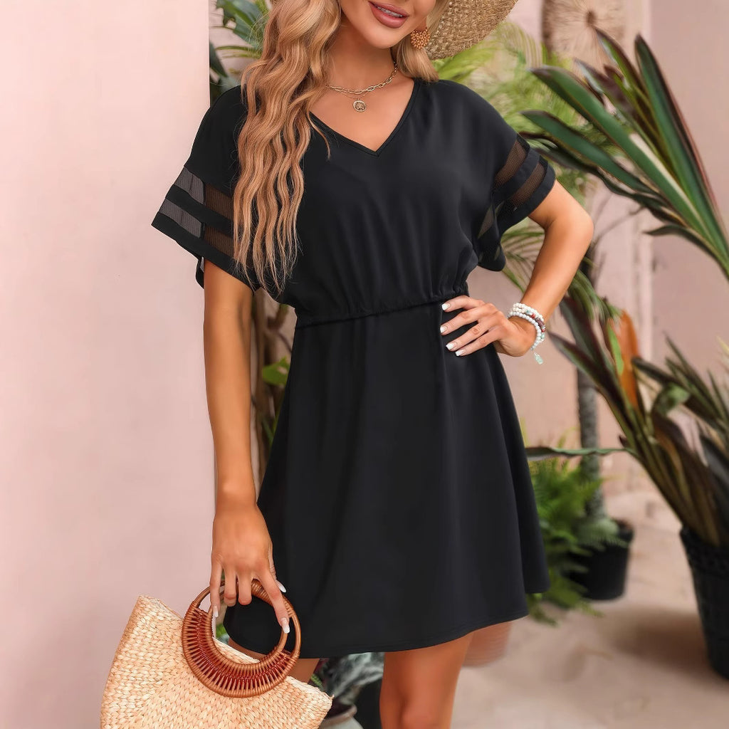 Women's V-Neck Mesh-Sleeve Ruched Mini Dress