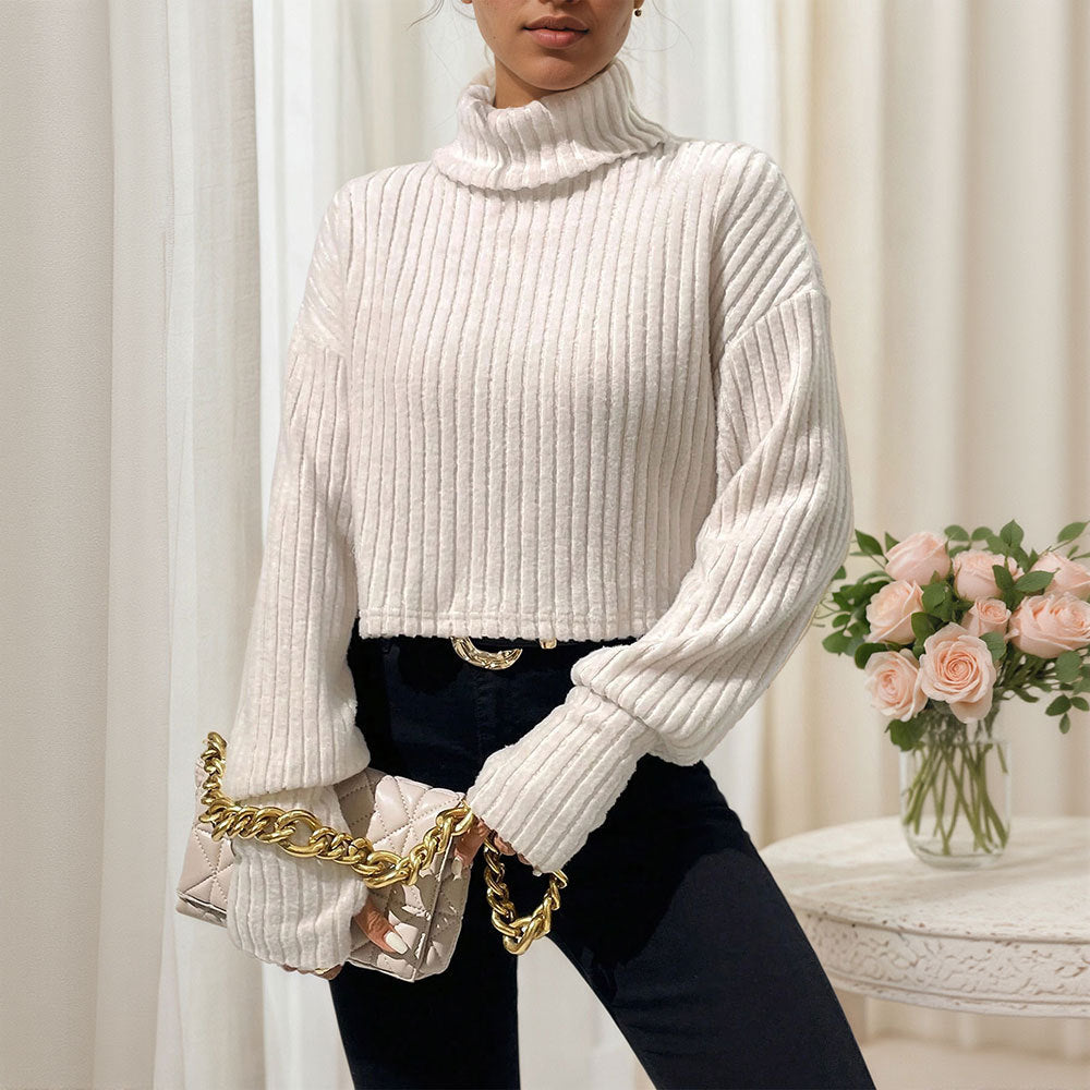 Women's Autumn Winter Solid Color Thread Knitted Pullover High Collar Short Section Bottoming Top