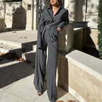 Striped Collared Long Sleeve Top Shirt High Waist Trousers Two Piece Set Autumn Office Set for Women