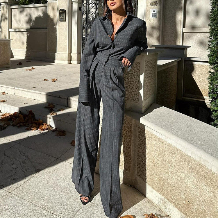 Striped Collared Long Sleeve Top Shirt High Waist Trousers Two Piece Set Autumn Office Set for Women