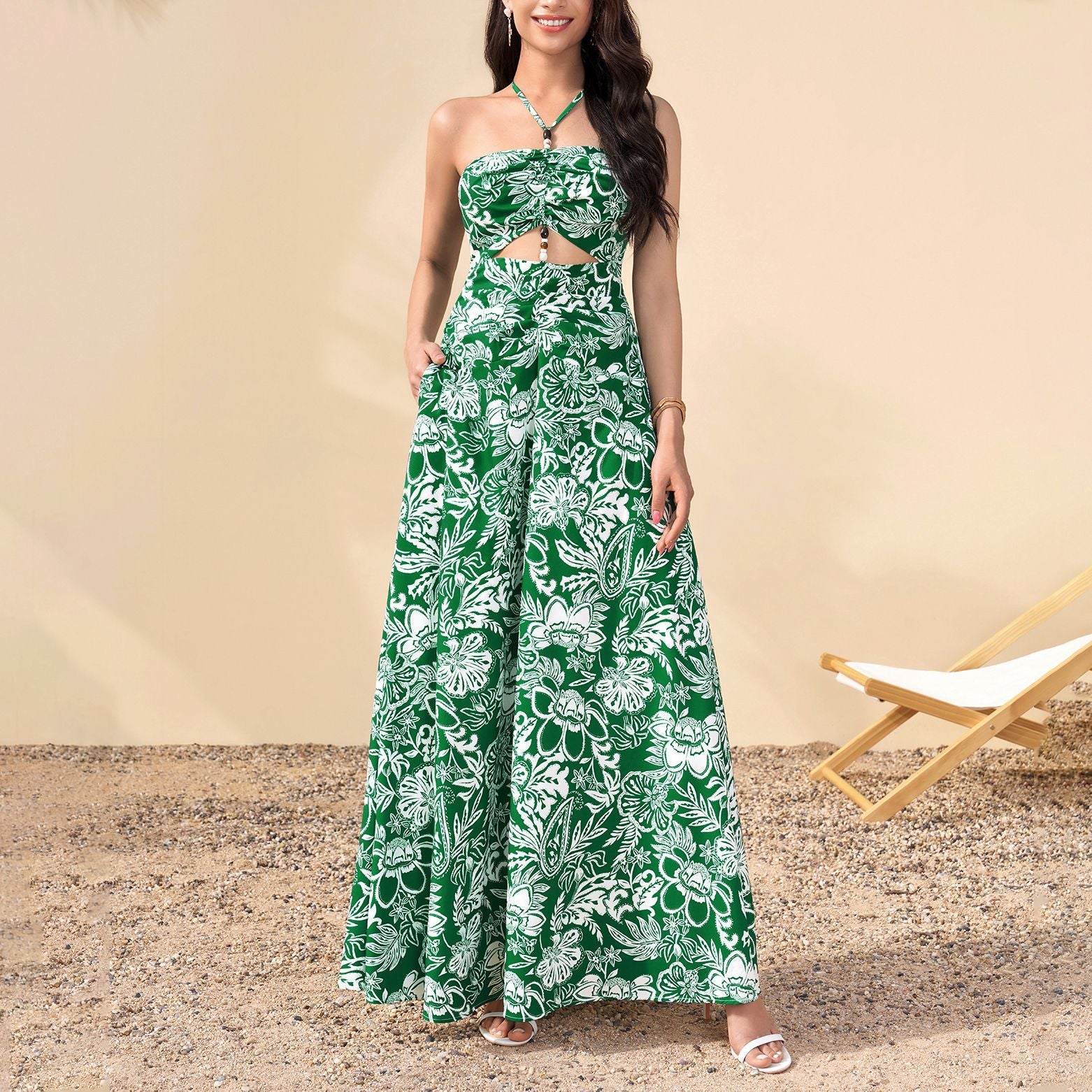 Women's Floral Halter Backless Maxi Dress