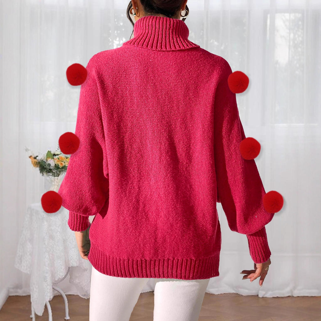Women Base Autumn Winter Women Batwing Sleeve Red Shirt Fur Ball Stitching Turtleneck Pullover