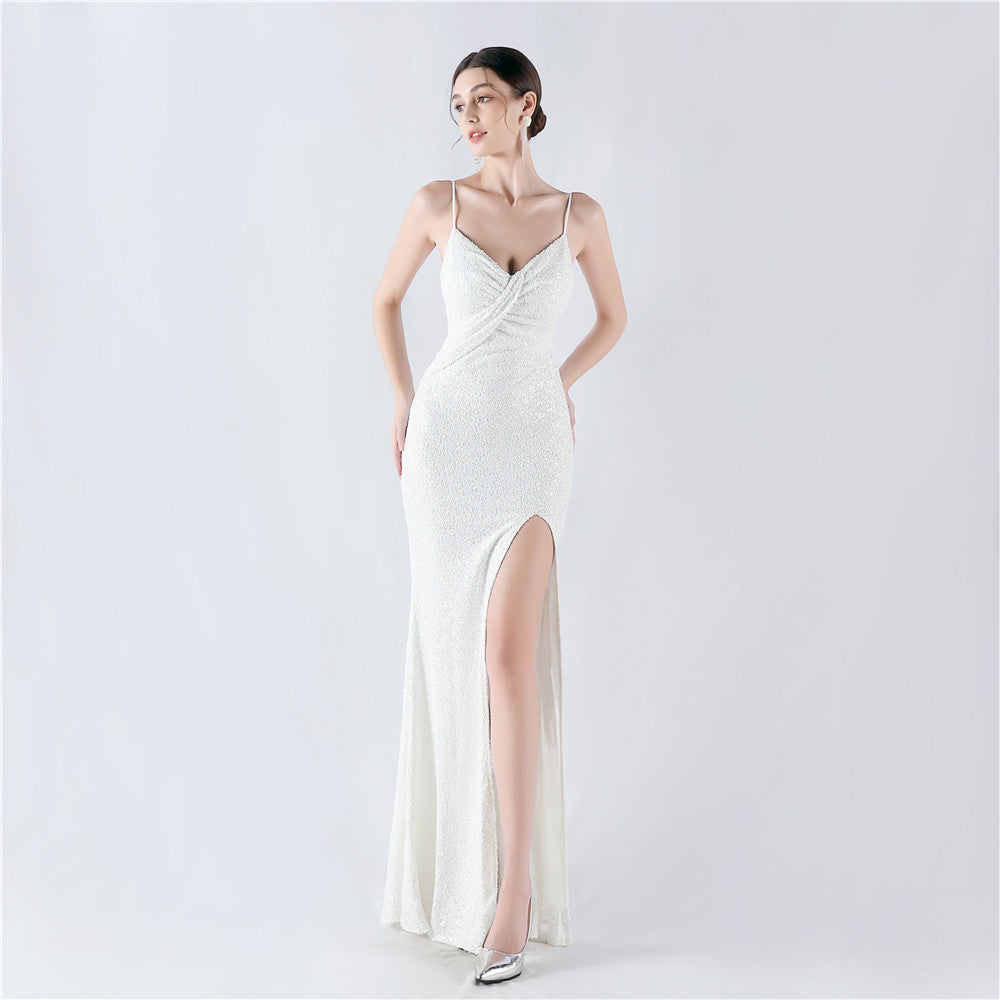 Encryption Sequin Sexy High Fork Strap Evening Dress
