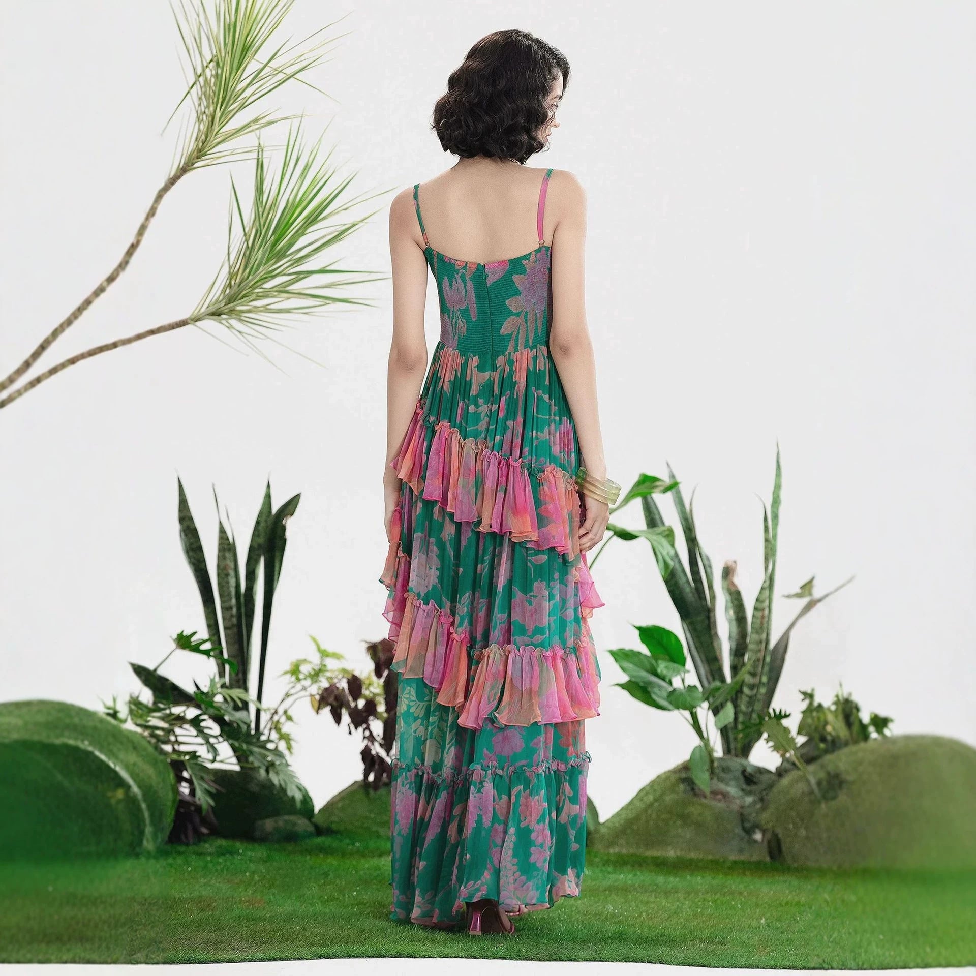 Women's Floral Print Pleated Maxi Dress