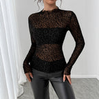 Women's Autumn Winter Wooden Ear Slim Fit Slimming Long Sleeves Mesh Base All Matching Top