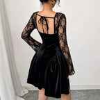 Women's Velvet Square-Neck Lace-Up A-Line Dress