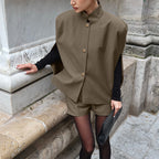 Retro Khaki Top Shorts Niche Design Sleeveless Stand Collar Cloak Two-Piece Set