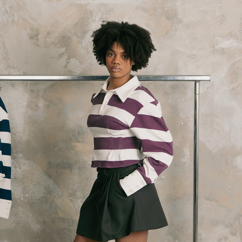 Women's Striped Polo-Collar Long-Sleeve Top