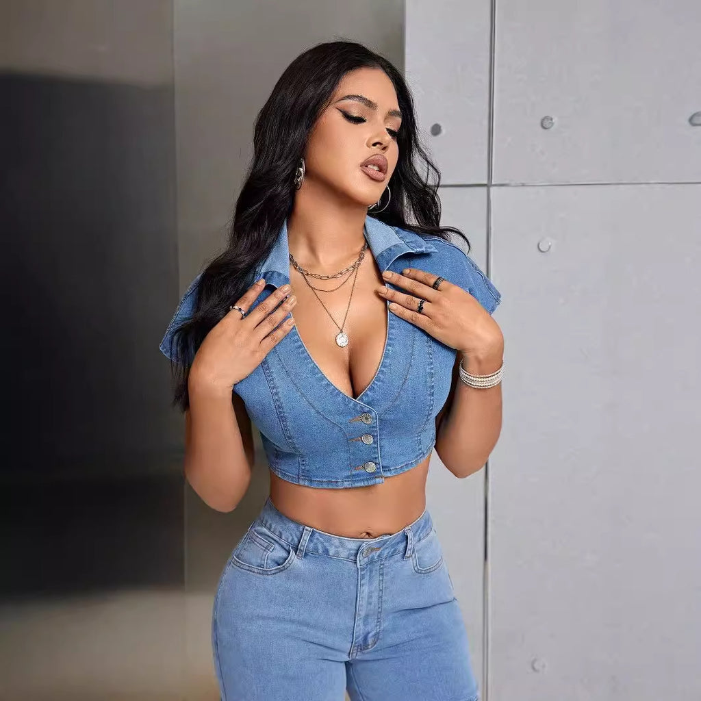 Women's Low Cut Collared Denim Crop Top