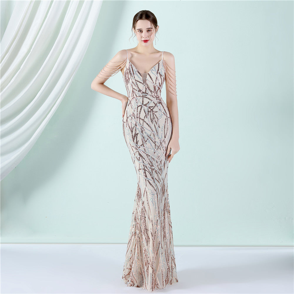 Women's Strappy Sequin Bridal Long Dinner Slim Fit Fishtail Wedding Gala Dress