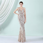 Women's Strappy Sequin Bridal Long Dinner Slim Fit Fishtail Wedding Gala Dress