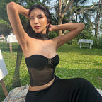 's Clothes Off Shoulder Mesh Wrapped Chest Slim Fit Short Vest Top