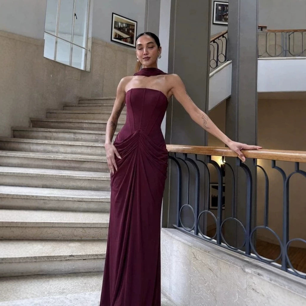 Women's Burgundy Strapless Ruched Maxi Dress