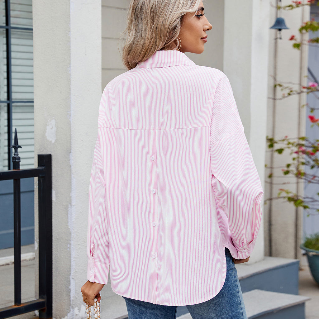 Women's Loose One Breasted Long Sleeve Striped Shirt