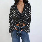 Black Background White Dot Polka Dot Top Women Lace up V neck Lightweight Skinny Long Sleeve Loose Short Cropped Outfit Shirt