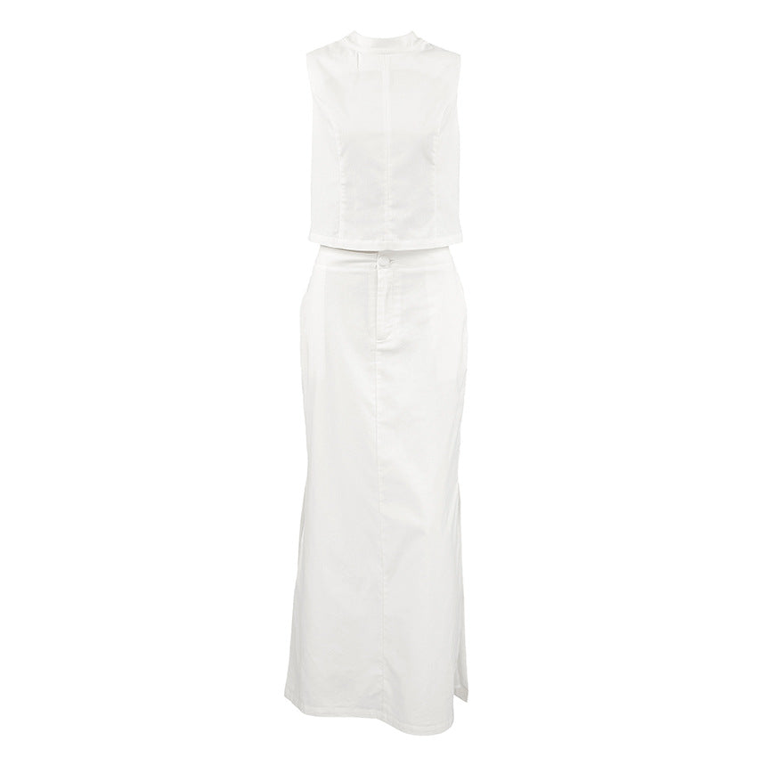 Women's White Cotton Linen Top and Skirt Two-Piece Set