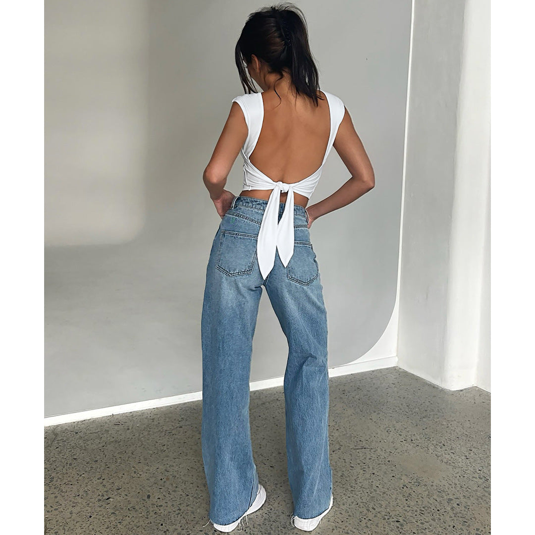 Slim Solid Color Lace Up Backless Top
