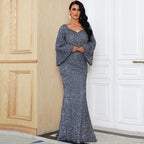 Women's Elegant Sequ Toast Mid Length Solid Color V Neck Evening Dress