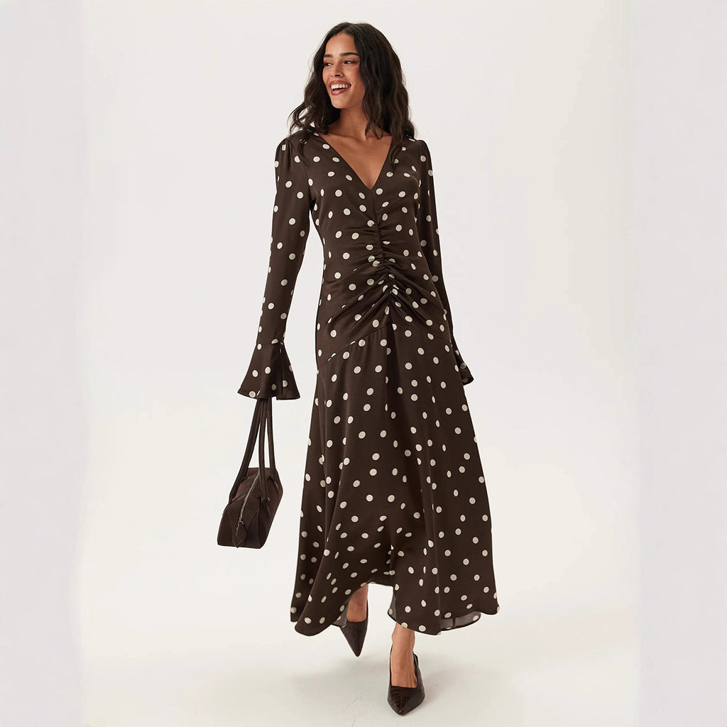 Polka-Dot Pleated V-Neck Flared-Sleeve Dress