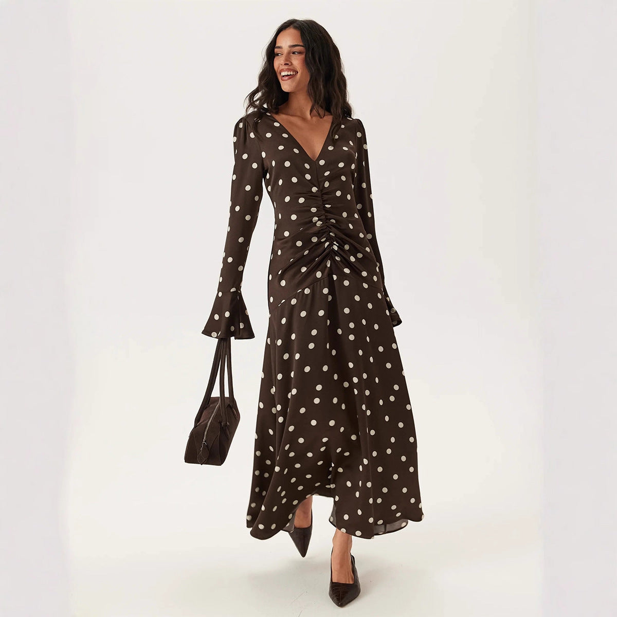 Polka-Dot Pleated V-Neck Flared-Sleeve Dress
