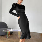 Black Satin Puff-Sleeve Office Dress