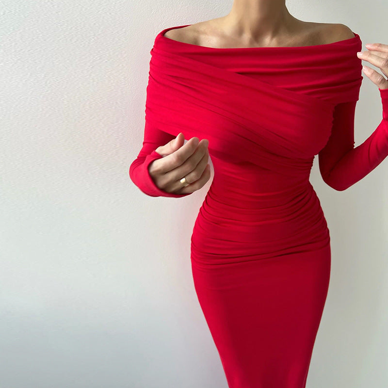 Spring Dress Off Shoulder Long Sleeve Waist Controlled Hip Dress