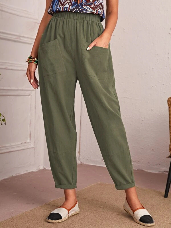 Four Seasons Cotton Linen Cropped Elastic Waist Pants