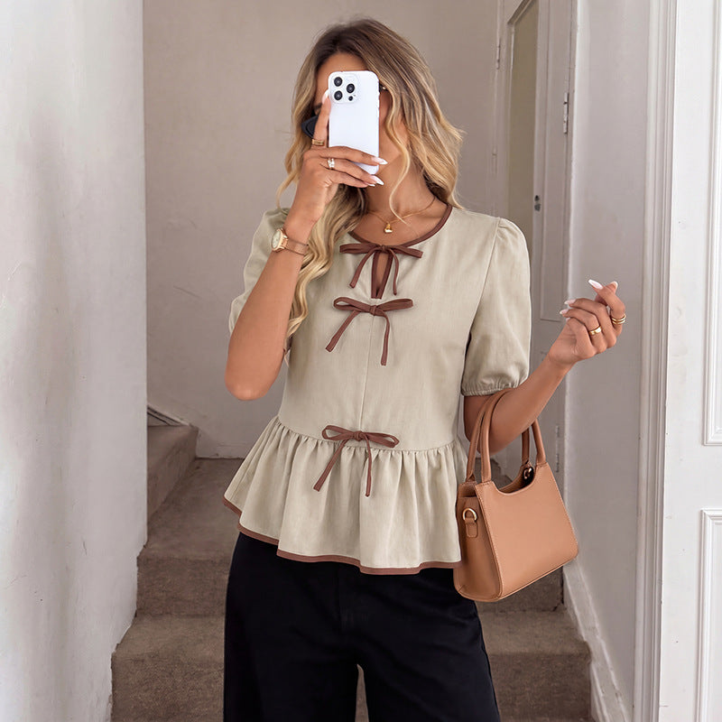 Bow Lace up Pullover Top Summer Color Matching Short Sleeve