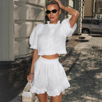 Autumn Women Stand Collar Puff Sleeve Ruffle Top Shorts
