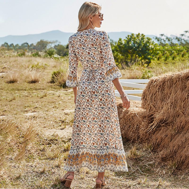 Women's V Neck High Waist Casual Slit Bohemian Dress For Womenspring A Line