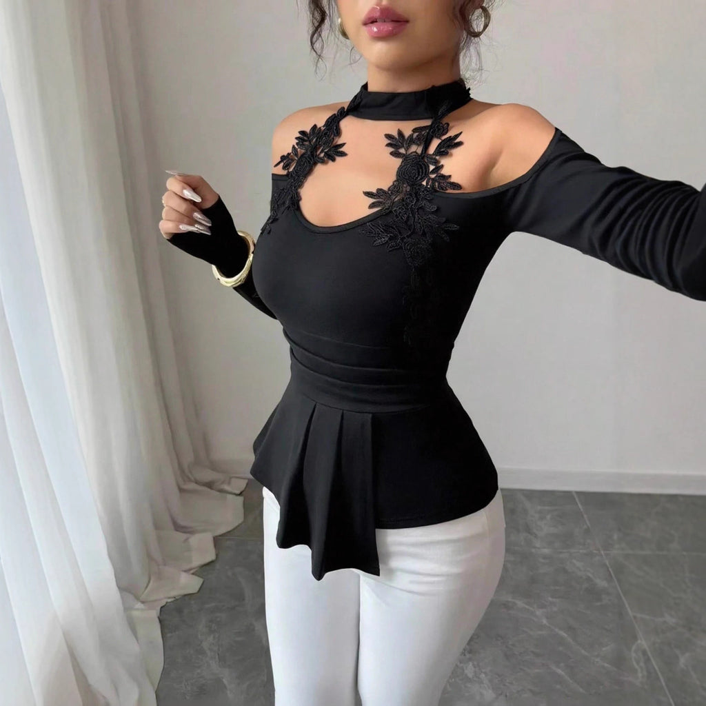 Women's Asymmetric Cutout Applique Long Sleeve Top