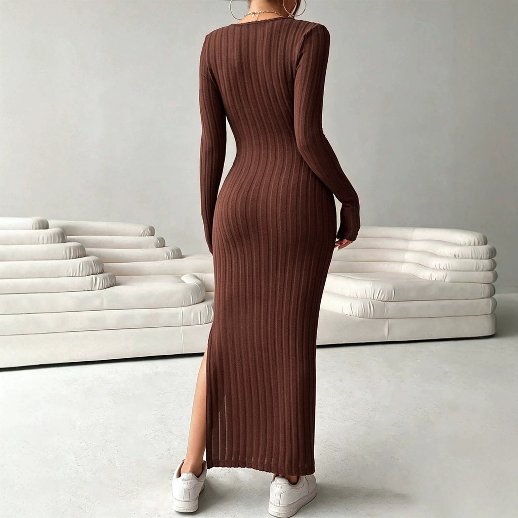 Women's Deep V-Neck Knit Split Maxi Dress
