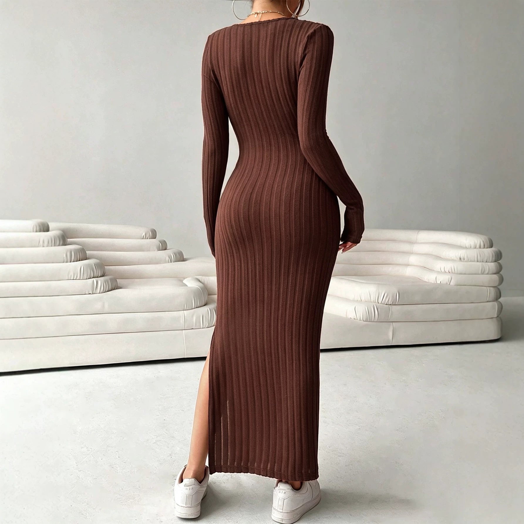 Women's Deep V-Neck Knit Split Maxi Dress