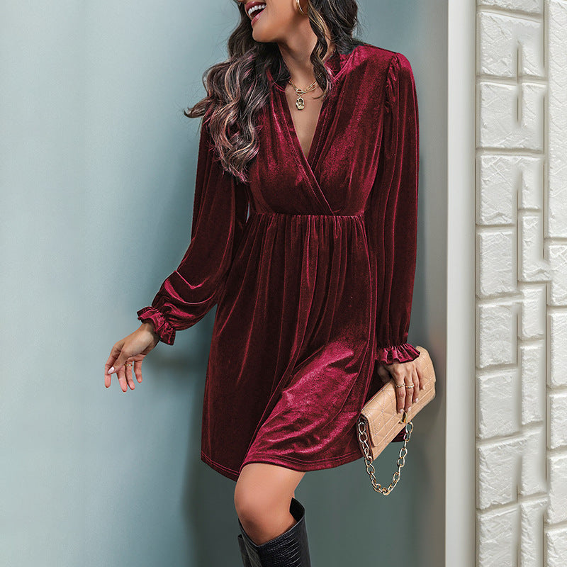 Velvet V-Neck Long Sleeve Midi Dress