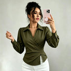 French Collared V neck Cross Wrap Waist Trimming Lace up