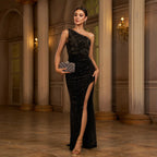Women's One-Shoulder Sequin Ruched Split Evening Dress