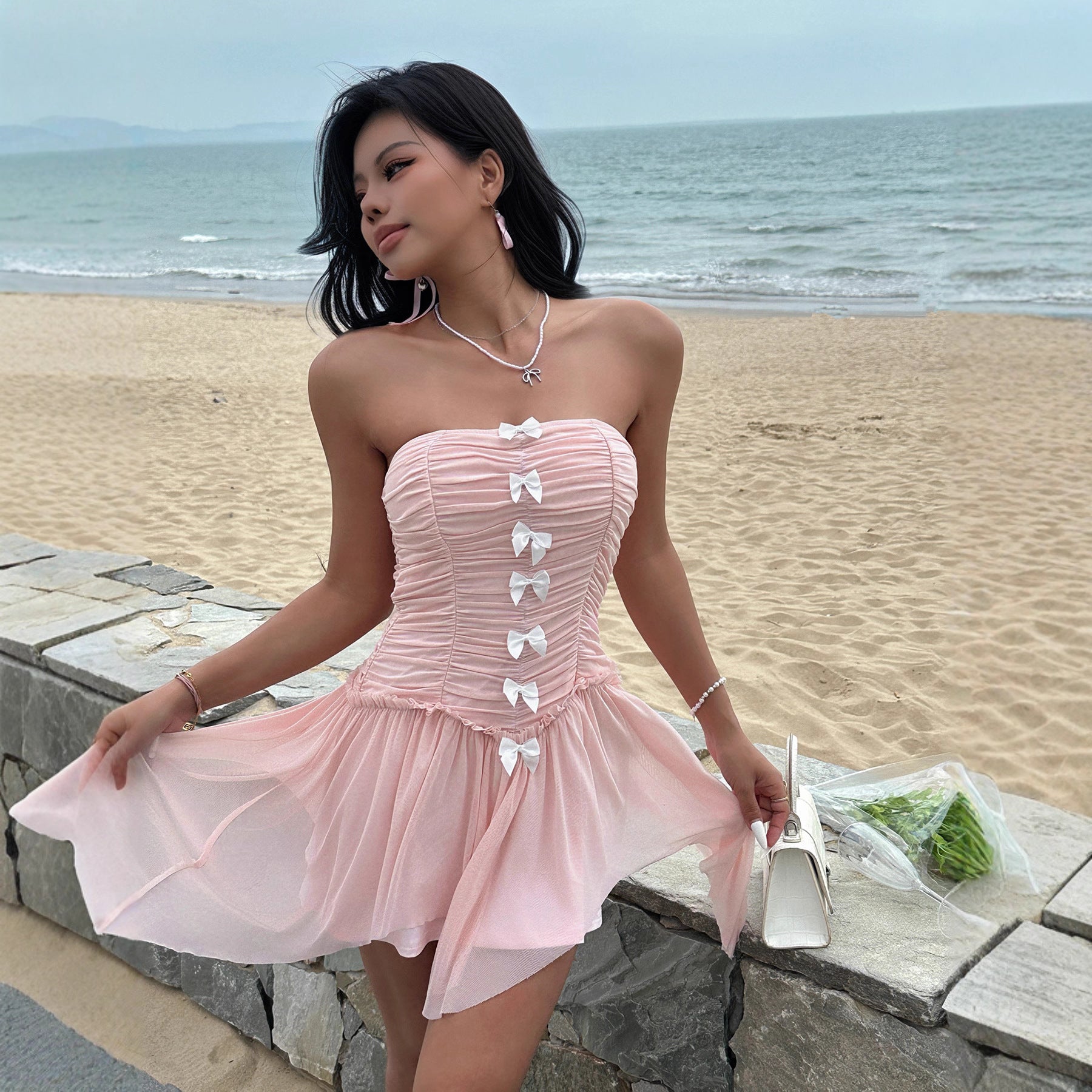 Strapless Mesh Ruffle A-Line Mini Dress