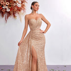 Women's Sequin Sweetheart Asymmetric Fishtail Maxi Dress