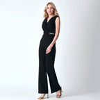 Elegant Slim V neck Sleeveless Wide Leg Pants Women Clothing Summer Black Professional Jumpsuit