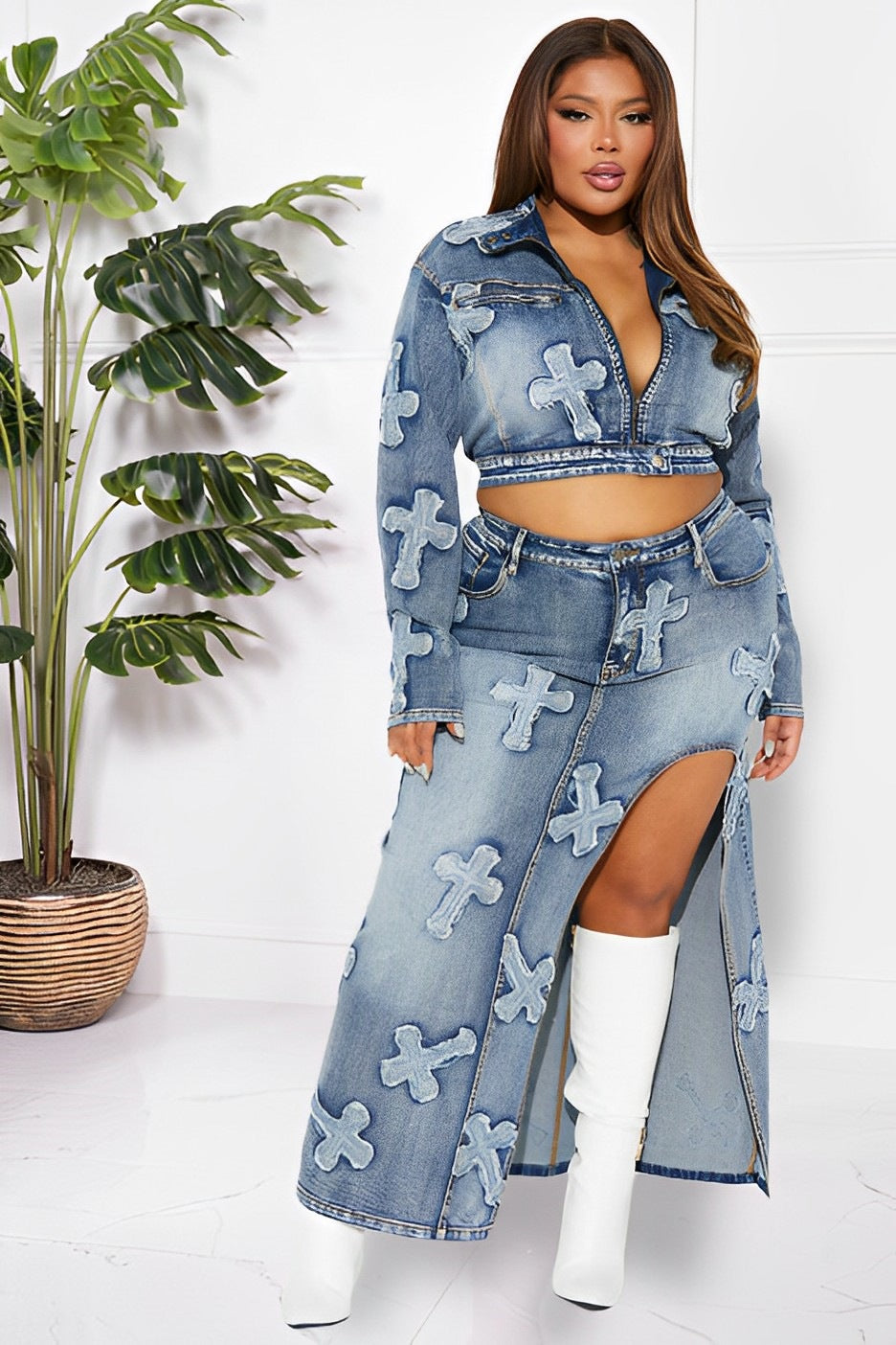 Women's Denim Embroidered Two-Piece Skirt Set
