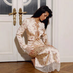 Early Spring Vintage Sexy Elegant Long Sleeve Floral Satin Top Mid Length Skirt Two Piece Sets