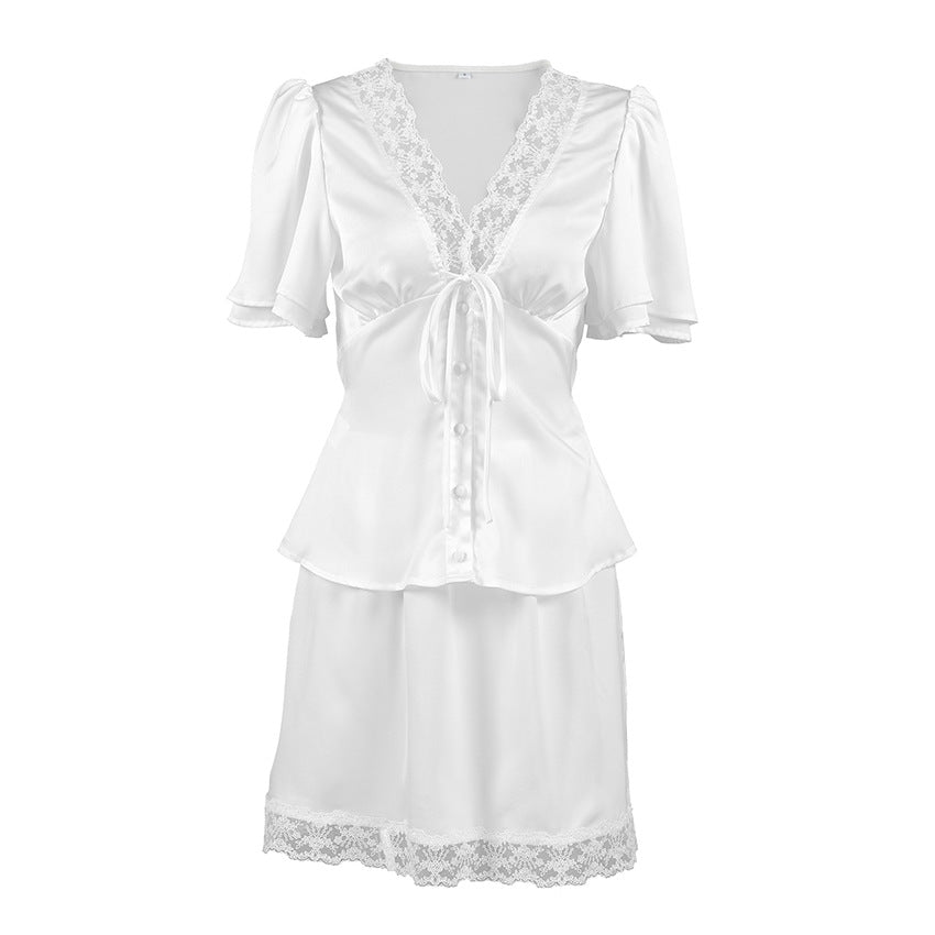 Women's Lace Satin V-Neck Two-Piece Skirt Set