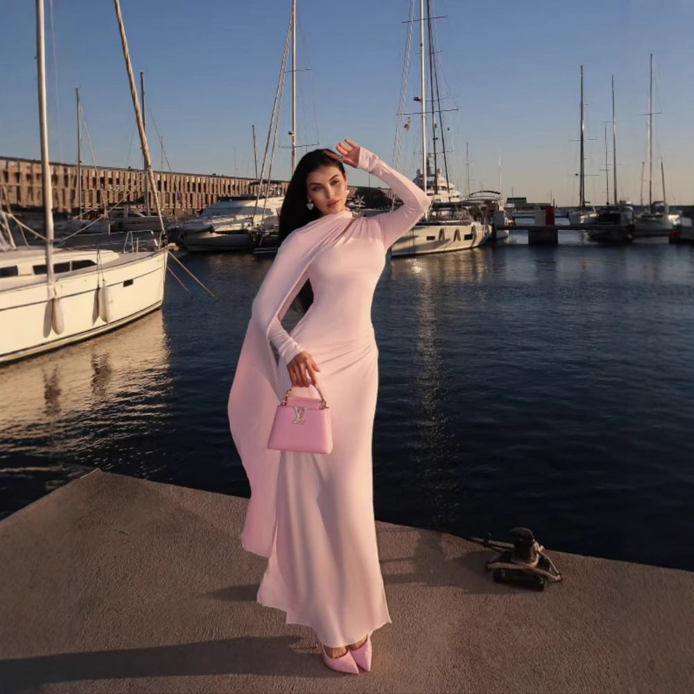 Asymmetric Ruched Long-Sleeve Bodycon Maxi Dress