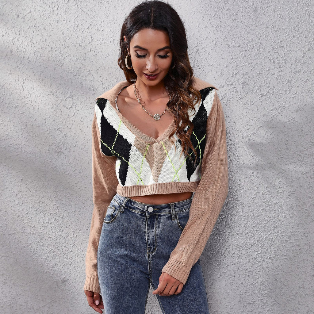 Women's Popular Rhombus Color Matching Doll Collar Rhombus Short Knitted Sweater Women Loose Women Clothing