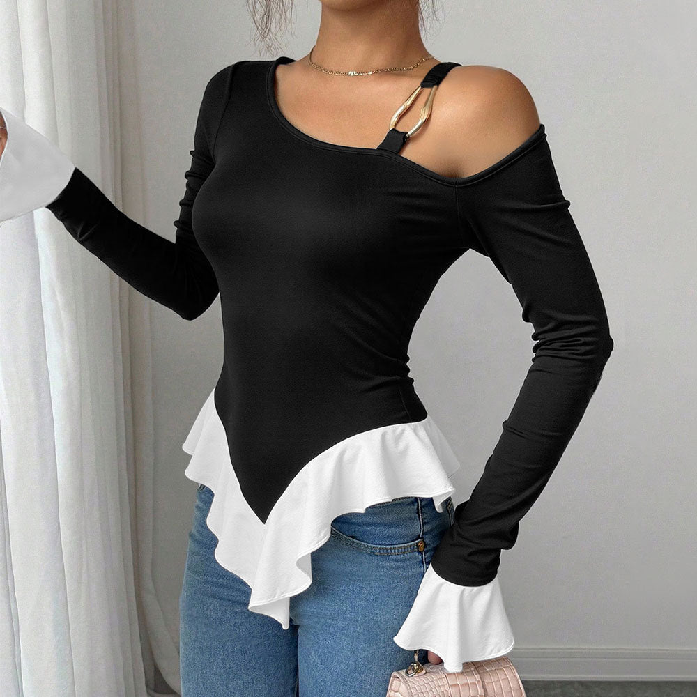 Women's Women Black One Shoulder Suspenders Metal Ring Buckle Decorative Front Short Back Long White Ruffled Hem Contras
