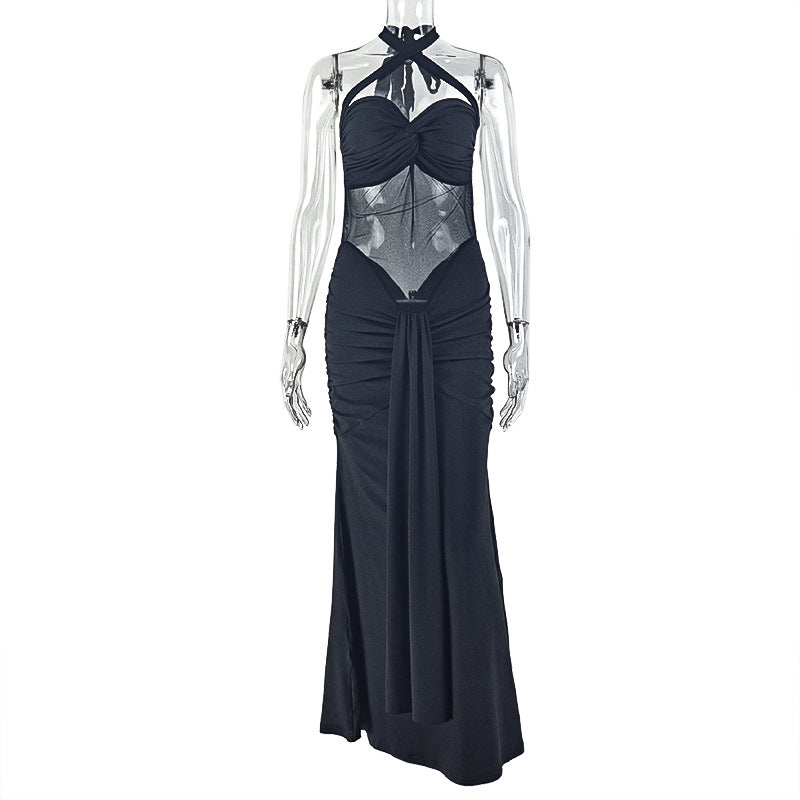 Black lace halter dress with gathered bust bow and draped waist, long skirt on mannequin